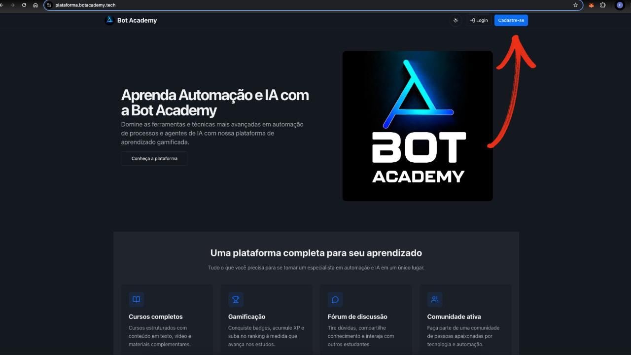 Tela da plataforma Bot Academy mostrando o botão de cadastro